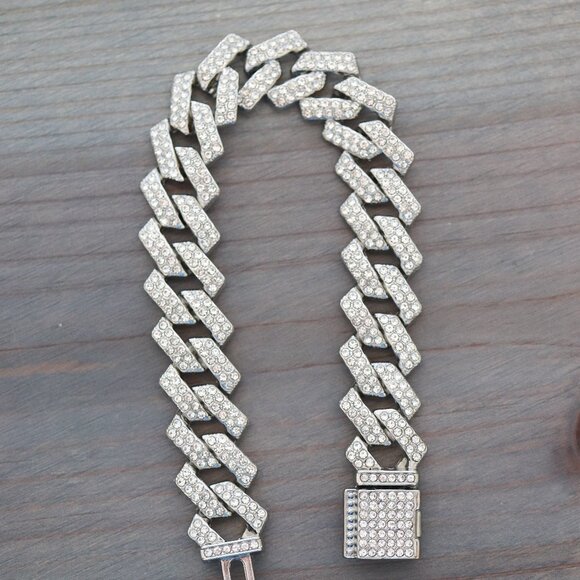15mm 8inches Cuban Ice Curb Diamond Chain Silver Plated Bracelet with Rhinestone - Picture 3 of 4